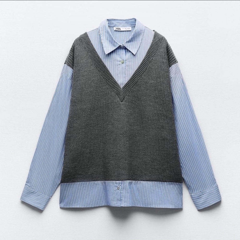 ZARA Contrast Knit Shirt Sweater